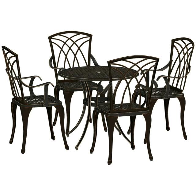 Rackhams 5 Pieces Garden Dining Set for 4, Cast Aluminium Outdoor Dining Set with 4 Armchairs and Round Dining Table with Parasol Hole, Bronze Tone