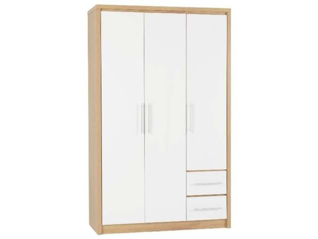 Rackhams Seville 3 Door 2 Drawer Triple Wardrobe - White High Gloss and Light Oak - image 1