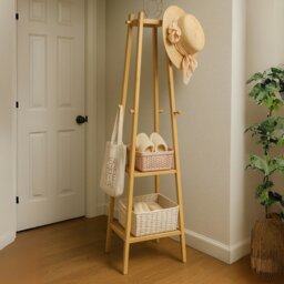 Rackhams Wooden Coat Rack Stand With 3 Shelves - Natural Brown - Bamboo