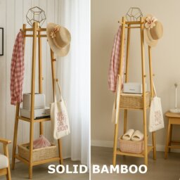 Rackhams Wooden Coat Rack Stand With 3 Shelves - Natural Brown - Bamboo - thumbnail 6
