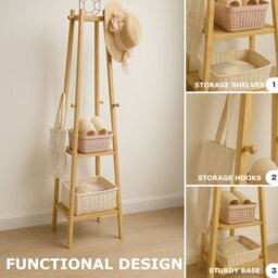 Rackhams Wooden Coat Rack Stand With 3 Shelves - Natural Brown - Bamboo - thumbnail 4