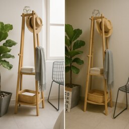 Rackhams Wooden Coat Rack Stand With 3 Shelves - Natural Brown - Bamboo - thumbnail 3