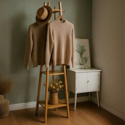 Rackhams Wooden Coat Rack Stand With 3 Shelves - Natural Brown - Bamboo - thumbnail 2