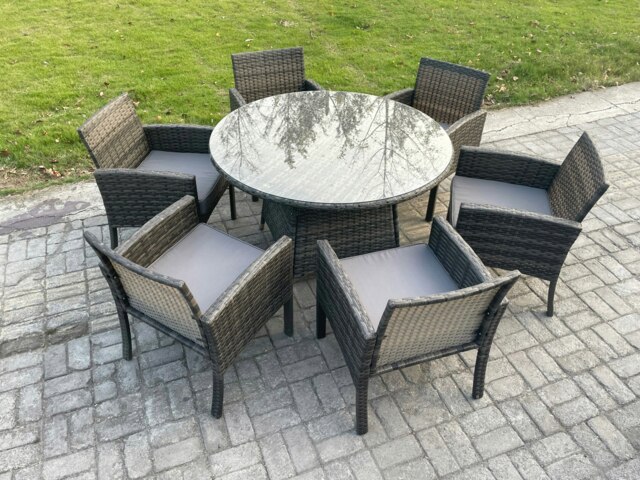 Rackhams Wicker PE Outdoor Rattan Garden Furniture Arm Chair And Table Dining Sets 6 Seater Large Round Table Dark Grey Mixed - image 1