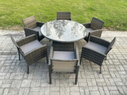 Rackhams Wicker PE Outdoor Rattan Garden Furniture Arm Chair And Table Dining Sets 6 Seater Large Round Table Dark Grey Mixed - thumbnail 2