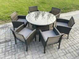 Rackhams Wicker PE Outdoor Rattan Garden Furniture Arm Chair And Table Dining Sets 6 Seater Large Round Table Dark Grey Mixed - thumbnail 1