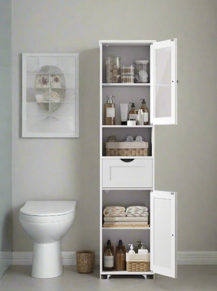 Rackhams Free-Standing Tall Bathroom Cabinet with Drawer, Glass Door & Open Shelf - Cloud White - image 1