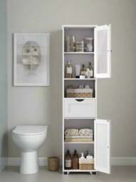 Rackhams Free-Standing Tall Bathroom Cabinet with Drawer, Glass Door & Open Shelf - Cloud White - thumbnail 1