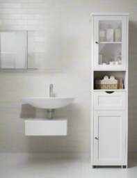 Rackhams Free-Standing Tall Bathroom Cabinet with Drawer, Glass Door & Open Shelf - Cloud White - thumbnail 3