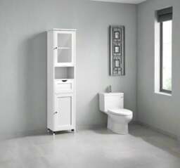 Rackhams Free-Standing Tall Bathroom Cabinet with Drawer, Glass Door & Open Shelf - Cloud White - thumbnail 4