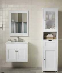Rackhams Free-Standing Tall Bathroom Cabinet with Drawer, Glass Door & Open Shelf - Cloud White - thumbnail 2