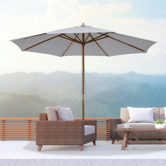 Rackhams 3(m) Garden Parasol, Pulley Operated Patio Umbrella, Wooden Parasol, Table Market Umbrella with Rope Pulley Mechanism and 8 Ribs, Cream White - Cream - 300cm x 300cm x 250cm - image 1