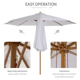 Rackhams 3(m) Garden Parasol, Pulley Operated Patio Umbrella, Wooden Parasol, Table Market Umbrella with Rope Pulley Mechanism and 8 Ribs, Cream White - Cream - 300cm x 300cm x 250cm - thumbnail 5