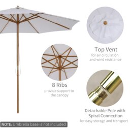 Rackhams 3(m) Garden Parasol, Pulley Operated Patio Umbrella, Wooden Parasol, Table Market Umbrella with Rope Pulley Mechanism and 8 Ribs, Cream White - Cream - 300cm x 300cm x 250cm - thumbnail 4
