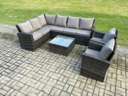 Rackhams Rattan Garden Furniture Set Outdoor Lounge Corner Sofa Set With Square Coffee Table 2 Armchairs 8 Seater Dark Grey Mixed - thumbnail 1
