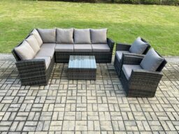 Rackhams Rattan Garden Furniture Set Outdoor Lounge Corner Sofa Set With Square Coffee Table 2 Armchairs 8 Seater Dark Grey Mixed - thumbnail 2