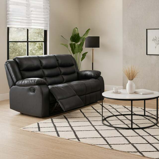Rackhams Venice Leather Reclining 3 Seater Sofa - Black - image 1
