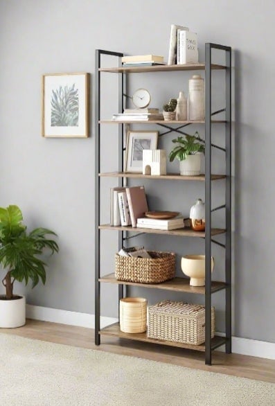 Rackhams 6-Tier Industrial Bookshelf with X-Brace – Tall Slim Bookcase, 30 x 80 x 186 cm, Wheat Brown & Ink Black - image 1