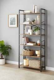 Rackhams 6-Tier Industrial Bookshelf with X-Brace – Tall Slim Bookcase, 30 x 80 x 186 cm, Wheat Brown & Ink Black