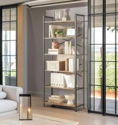 Rackhams 6-Tier Industrial Bookshelf with X-Brace – Tall Slim Bookcase, 30 x 80 x 186 cm, Wheat Brown & Ink Black - thumbnail 2