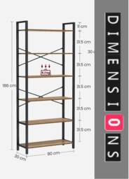 Rackhams 6-Tier Industrial Bookshelf with X-Brace – Tall Slim Bookcase, 30 x 80 x 186 cm, Wheat Brown & Ink Black - thumbnail 3