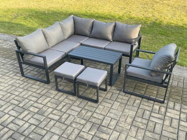 Rackhams Aluminium Outdoor Garden Furniture Set Lounge Sofa Oblong Coffee Table Sets with Chair 2 Small Footstools Indoor Conservatory Set Dark Grey