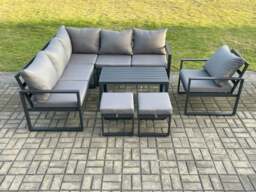 Rackhams Aluminium Outdoor Garden Furniture Set Lounge Sofa Oblong Coffee Table Sets with Chair 2 Small Footstools Indoor Conservatory Set Dark Grey - thumbnail 2