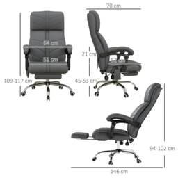Rackhams High Back Vibration Massage Office Chair, Heated Reclining PU Leather Computer Chair with Footrest, Grey - thumbnail 3