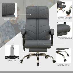 Rackhams High Back Vibration Massage Office Chair, Heated Reclining PU Leather Computer Chair with Footrest, Grey - thumbnail 5