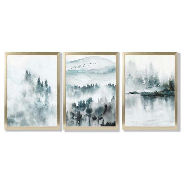 Rackhams Teal Blue Abstract Forest Lake Set of 3 Framed Wall Art - 30x42cm (A3) - Gold - image 1