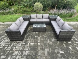 Rackhams 9 Seater Outdoor Lounge Sofa Set Wicker PE Rattan Garden Furniture Set with Oblong Coffee Table 2 Side Tables Dark Grey Mixed - thumbnail 2