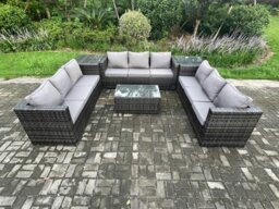 Rackhams 9 Seater Outdoor Lounge Sofa Set Wicker PE Rattan Garden Furniture Set with Oblong Coffee Table 2 Side Tables Dark Grey Mixed - thumbnail 1