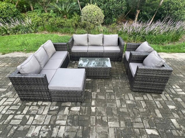 Rackhams Outdoor Lounge Sofa Set Wicker PE Rattan Garden Furniture Set with 2 Armchair Oblong Coffee Table Big Footstool Dark Grey Mixed - image 1
