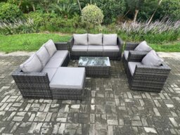 Rackhams Outdoor Lounge Sofa Set Wicker PE Rattan Garden Furniture Set with 2 Armchair Oblong Coffee Table Big Footstool Dark Grey Mixed - thumbnail 2