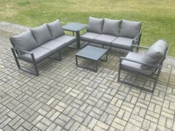 Rackhams Aluminium 7 Seater Outdoor Garden Furniture Lounge Sofa Set with Square Coffee Table Chair Side Table Dark Grey - thumbnail 2