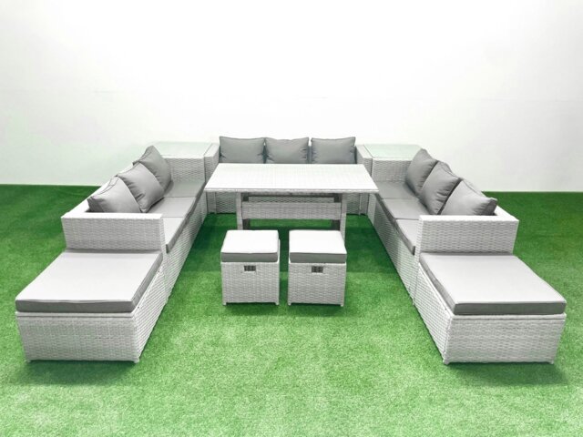 Rackhams Rattan Garden Furniture Dining Set 13 Seater Lounge Sofa Dining Table Set with 4 Footstools 2 Side Tables Light Grey Mixed - image 1