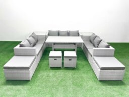 Rackhams Rattan Garden Furniture Dining Set 13 Seater Lounge Sofa Dining Table Set with 4 Footstools 2 Side Tables Light Grey Mixed - thumbnail 2