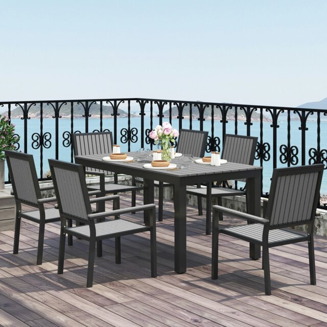 Rackhams 6 Seater Aluminium Garden Dining Set with Stackable Chairs, Brown - Grey - Aluminium, Wood Plastic Composites - 85W x 160D x 75H cm - image 1