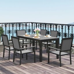 Rackhams 6 Seater Aluminium Garden Dining Set with Stackable Chairs, Brown - Grey - Aluminium, Wood Plastic Composites - 85W x 160D x 75H cm - thumbnail 1
