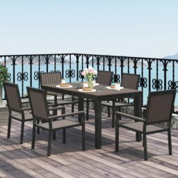 Rackhams 6 Seater Aluminium Garden Dining Set with Stackable Chairs, Brown - Grey - Aluminium, Wood Plastic Composites - 85W x 160D x 75H cm - thumbnail 2