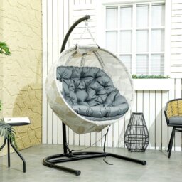 Rackhams Hanging Egg Chair Outdoor Indoor Swing Chair, Folding Basket, Grey - Sand brown - thumbnail 3