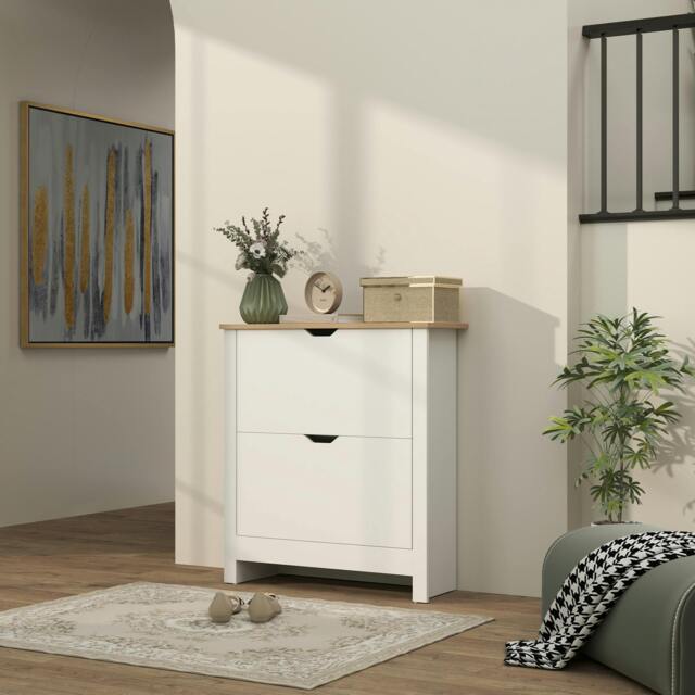 Rackhams 12-Shoe Storage Cabinet 4 Shelves 2 Drawers Tabletop 4 Legs Modern Brown - High gloss white, oak tone top - High gloss white - Particle board - image 1