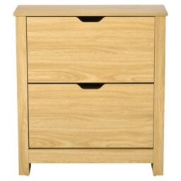 Rackhams 12-Shoe Storage Cabinet 4 Shelves 2 Drawers Tabletop 4 Legs Modern Brown - High gloss white, oak tone top - High gloss white - Particle board - thumbnail 2