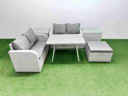 Rackhams 5 Seater Outdoor Love Sofa Set Rattan Garden Furniture Set with Rectangular Dining Table 2 Side Tables Big Footstool Light Grey - thumbnail 1