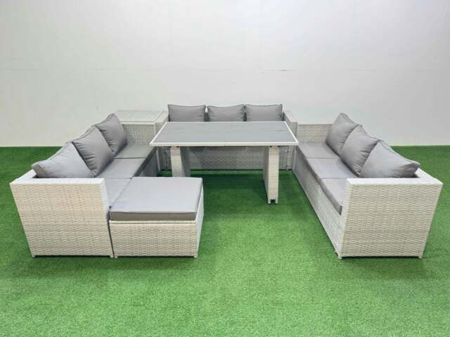 Rackhams Patio Outdoor Garden Furniture Sets with Black Glass Top Dining Table 3 Seater Sofa Side Table Big Stool Light Grey - image 1
