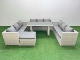 Rackhams Patio Outdoor Garden Furniture Sets with Black Glass Top Dining Table 3 Seater Sofa Side Table Big Stool Light Grey - thumbnail 1