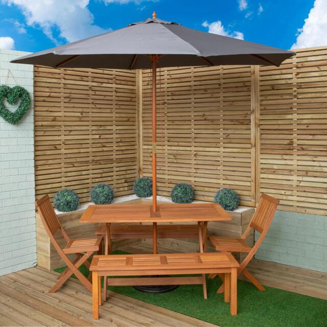 Rackhams Outdoor 6 Person Rectangular Wooden Garden Dining Table, 2 Benches, Chairs with Grey Parasol and Base Set - Outdoor Furniture Sets - image 1