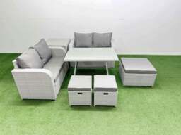 Rackhams 7 Seater Outdoor Love Sofa Set Rattan Garden Furniture Set with Rectangular Dining Table Side Table 3 Footstools Light Grey - thumbnail 1
