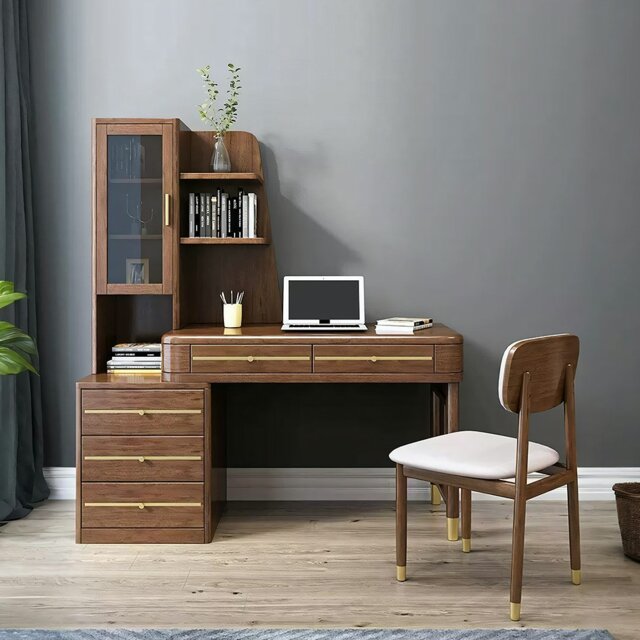 Rackhams SK21 Office Desk With Side Storage, Rosewood & Gold - image 1