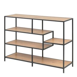 Rackhams Seaford Wide Black Metal Bookcase with 4 Oak Shelves - 1 - Black and Natural - Wood